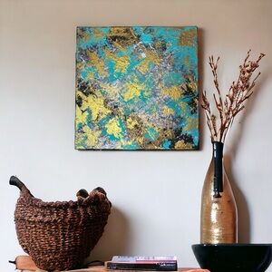 Modern Abstract Canvas Art Turquoise Gold Silver Textured Painting 12" Original